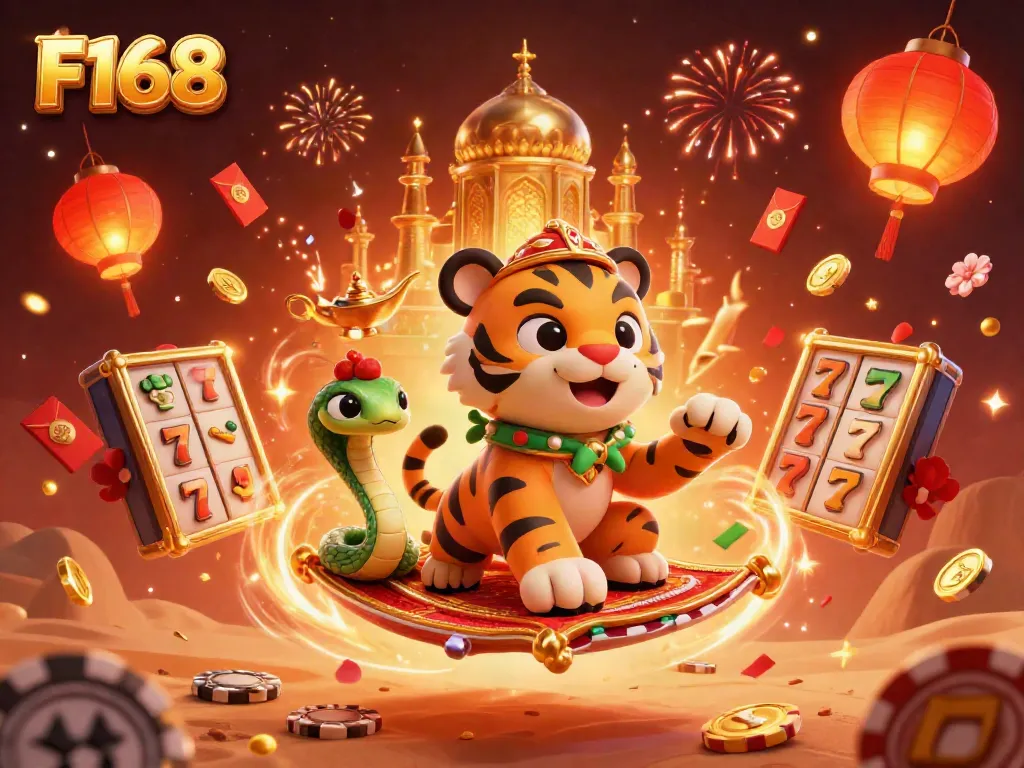 Experience the vibrant gaming world of F168 with a sultan and genie in a festive slot setting.