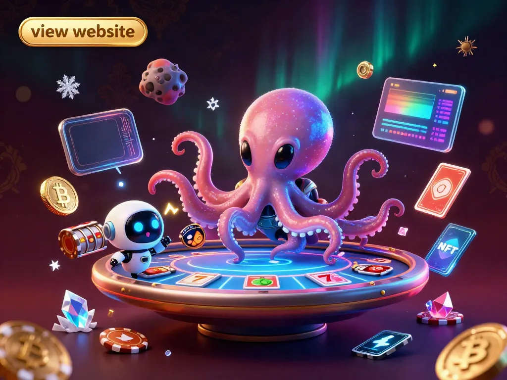 Engage with the vibrant gaming scene as you view website featuring a holographic poker table operated by a 3D alien octopus.