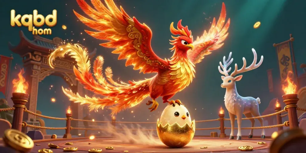 Engage with kqbd hom, a vibrant scene of a phoenix, baby chick, and stag in action.