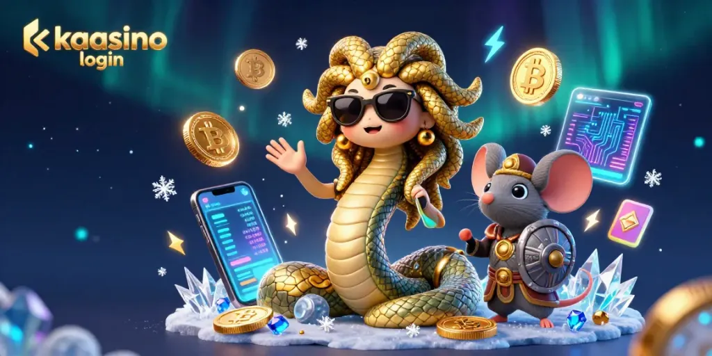 Engage with kaasino login for seamless gaming, featuring fun characters in a vibrant casino scene.