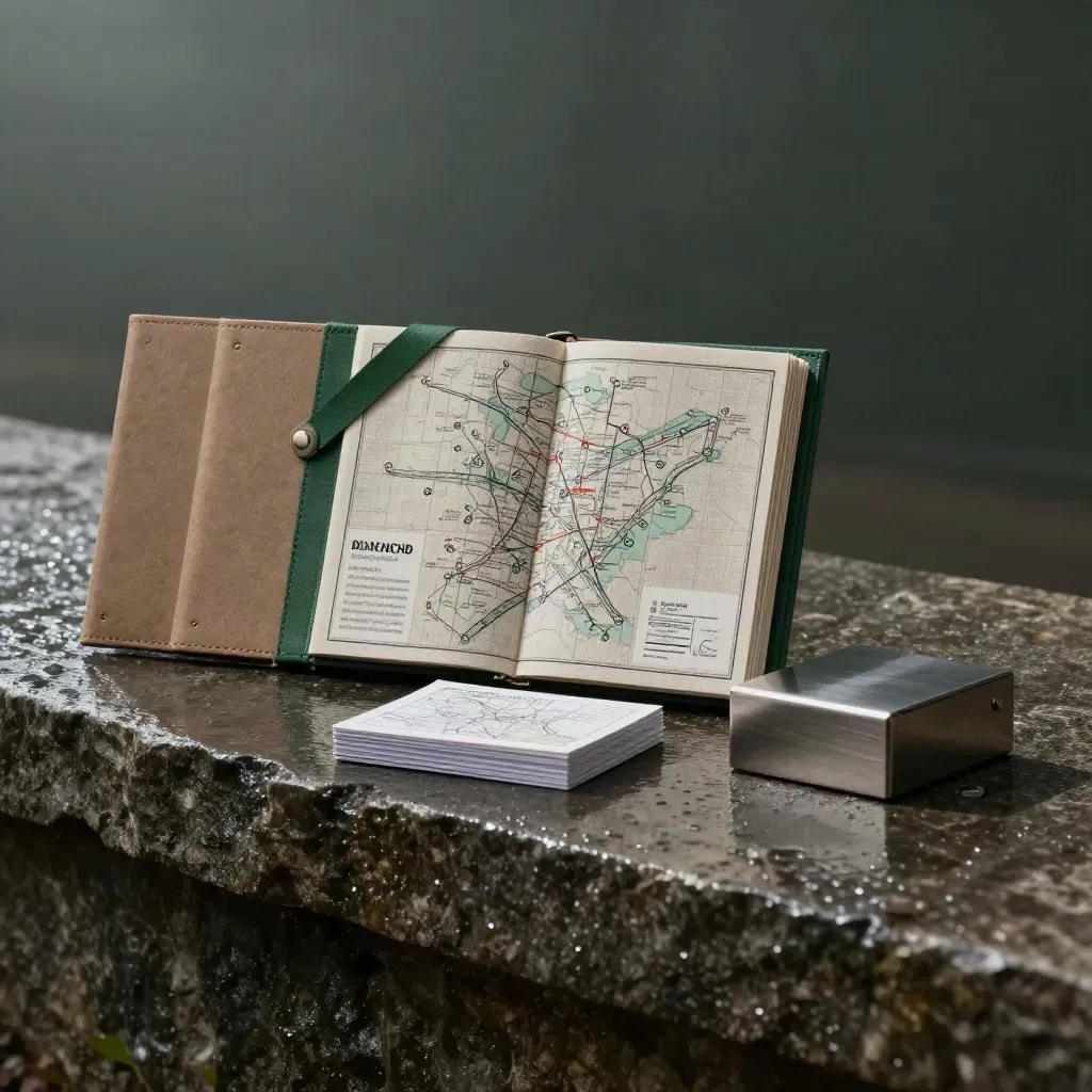Luxe groeiscan-kit op natte steen met linnen map en metalen indexblok, in zacht ochtendlicht.