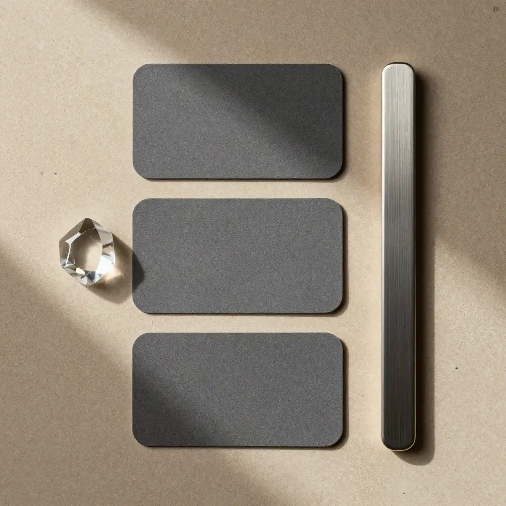 Strakke flatlay van drie kaarten, een heldere steen en een metalen clip op warme steen.