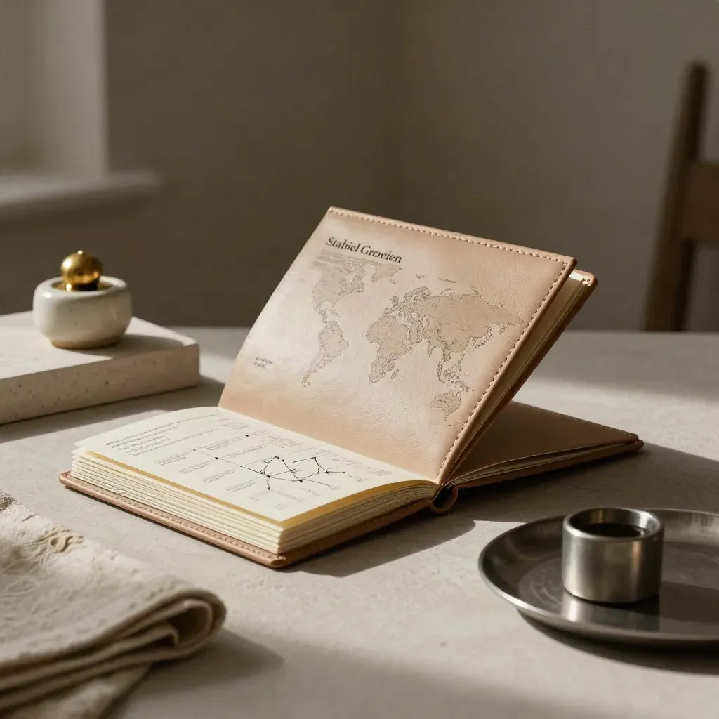 Groeiplan-set met portfolio en kaartbundel op een atelierplek, zacht licht en warme tinten.