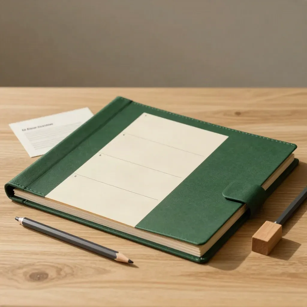 Gesloten marketingmap met dividers, potloodstomp en houten blok op licht eiken.