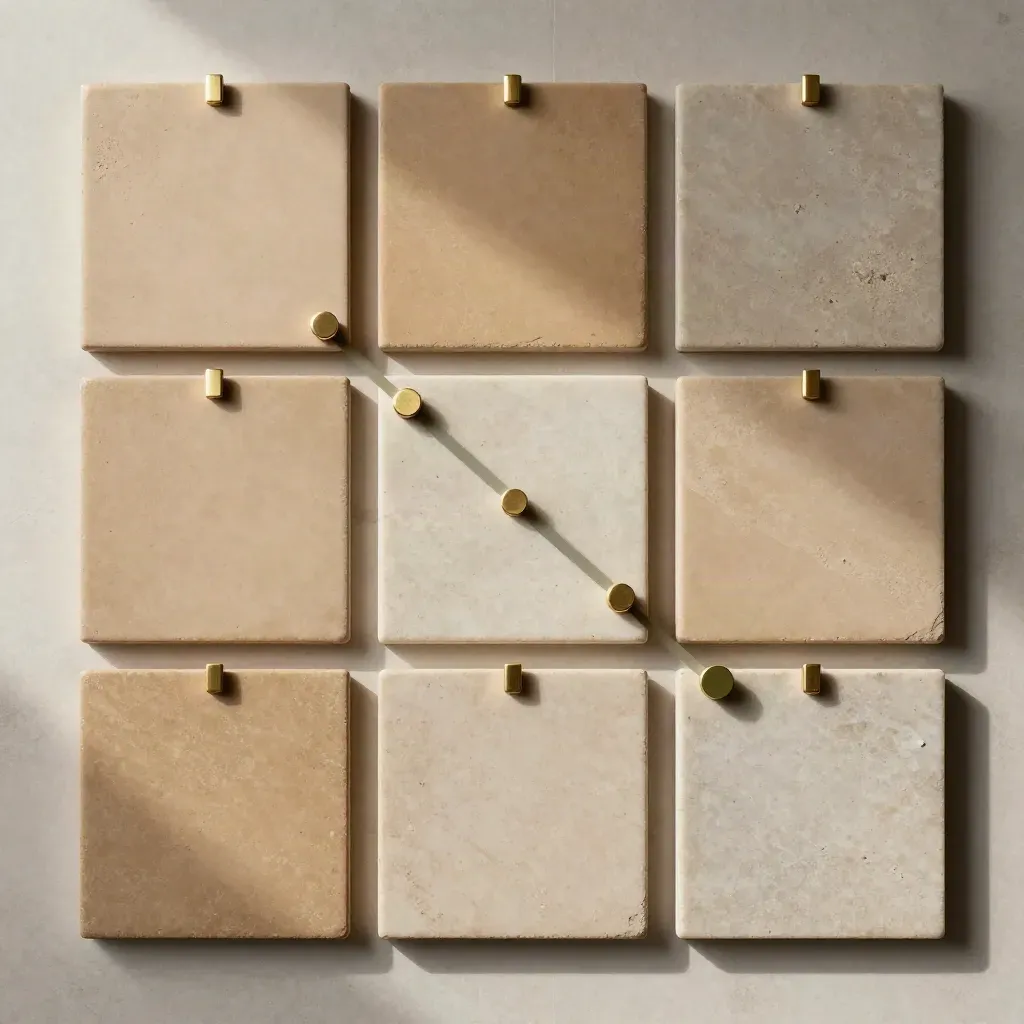 Bovenaanzicht van een modulaire groei-roadmap met acht tegels en messing markers op steen.