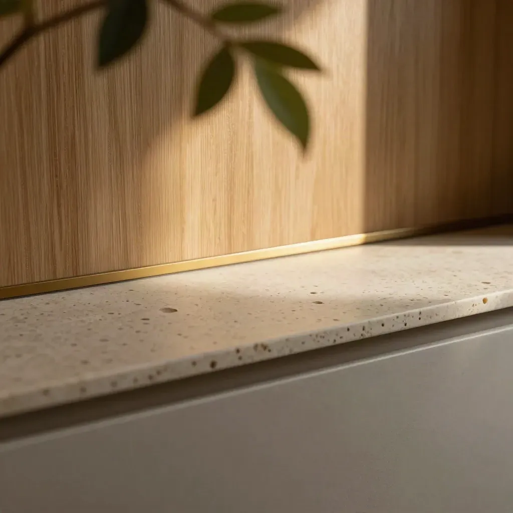 Travertijnen vensterbank met warm houten wand en zachte bladreflectie in het licht.