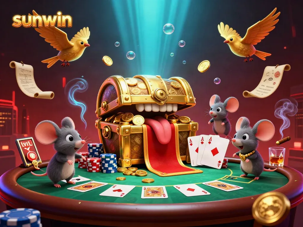 Experience exciting game play at sunwin with vibrant casino elements and adventurous characters in a 3D illustration.