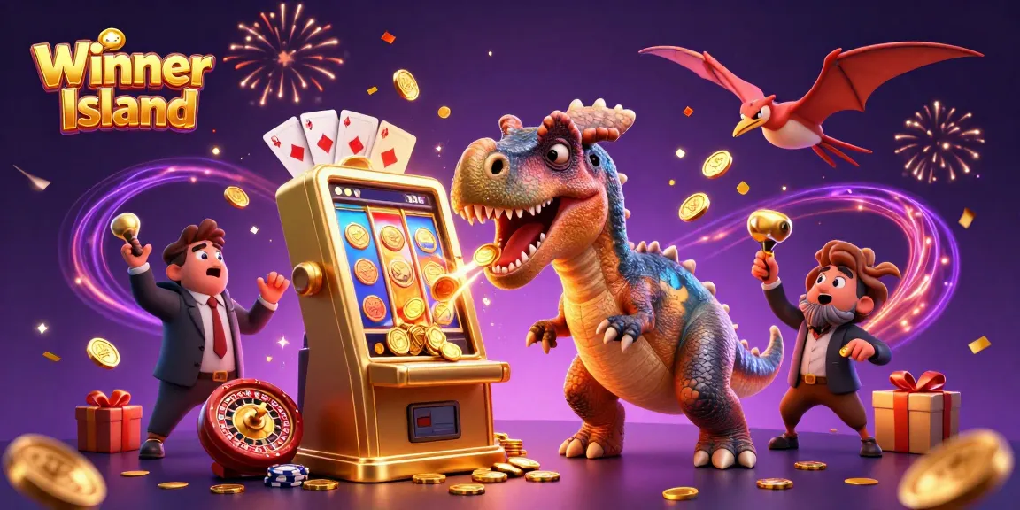 Winner Island illustration of a dinosaur gaming at a slot machine amidst flying coins and casino elements.