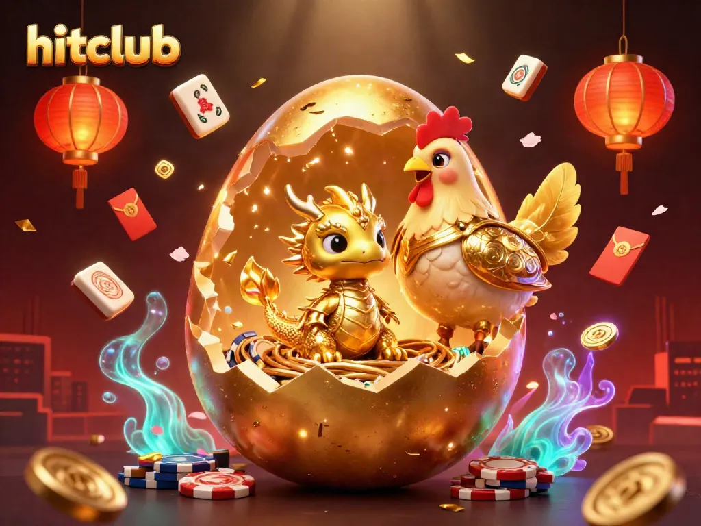 Hitclub's baby dragon reveals poker chips amid stunning casino elements.