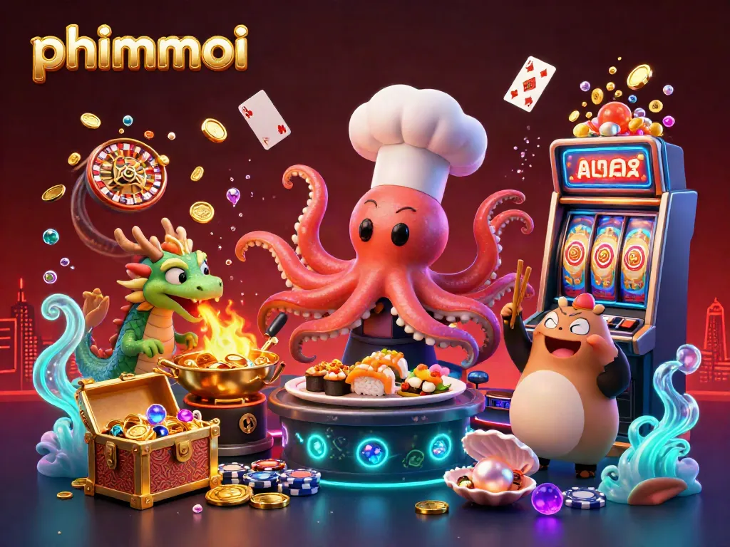 Spin and win with phimmoi at a vibrant cartoon casino featuring an octopus chef and exciting game elements.