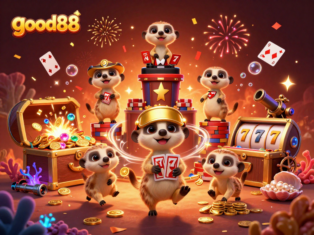 Experience thrilling gaming at good88 with meerkats running a vibrant casino operation filled with exciting elements.
