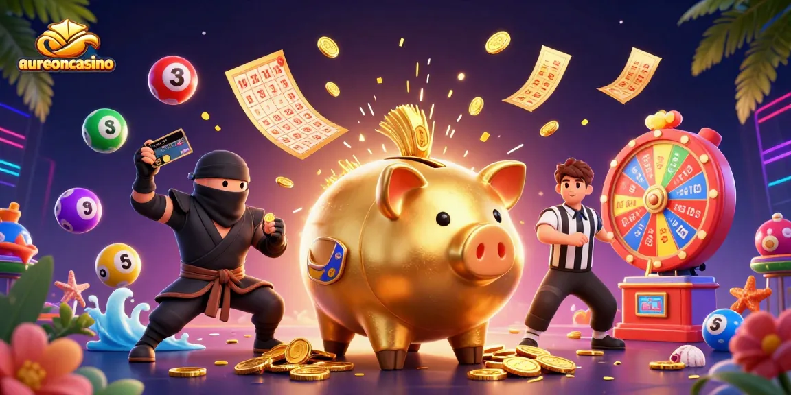 Aureoncasino players engaging with a vibrant 3D casino themed scene full of games and prizes.