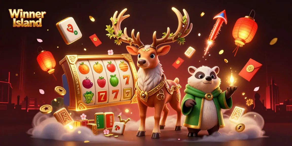 Enjoy a thrilling gaming experience at Winner Island with vibrant 3D casino elements and dynamic characters.
